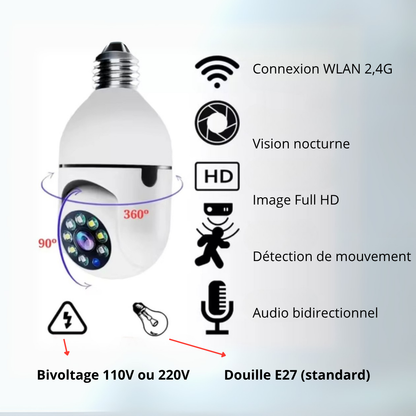 Caméra de surveillance wlan e27 avec 360° ptz